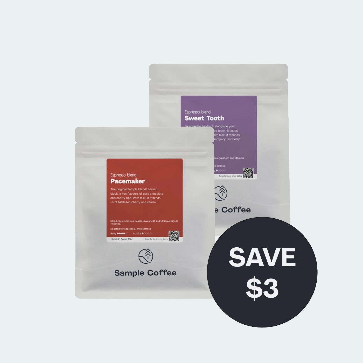 Two bags of coffee, one of each of our espresso blends.